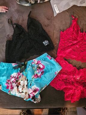 Black Lace Bralette & Teal Floral Satin Shorts Set